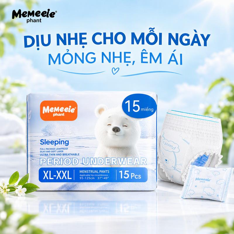Quần băng vệ sinh dùng ban đêm Memeeie phiên bản mới – 15 chiếc, ôm vòng 360° hạn chế tràn, khô thoáng suốt đêm, đáy nhẹ thoáng khí, thấm hút nhanh