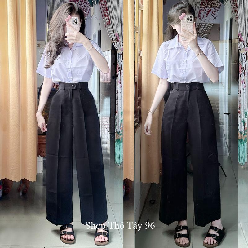 Quần ống rộng đi học làm công sở nữ m50 m55 m60 m65 1 nút cài lệch có đai thắt lưng dáng quần ống suông nữ cạp cao vải mềm dày đi học làm công sở