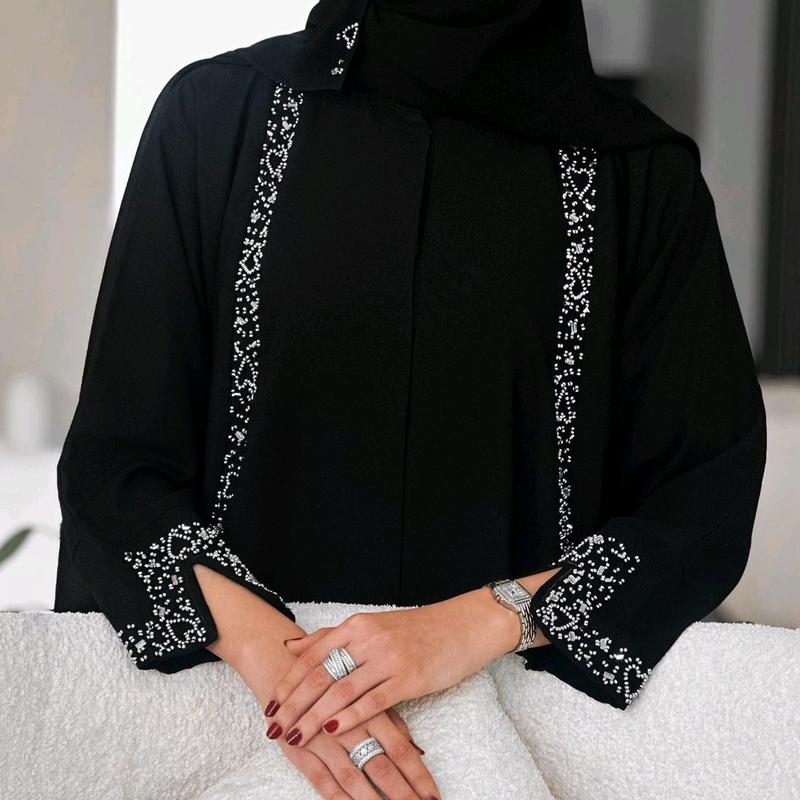 Abaya Syarifah Jasmine Hitam Full Furing by Ghanim Modesty -  Simple Gamis dengan Payet Tanam Mutiara - Muslim 3