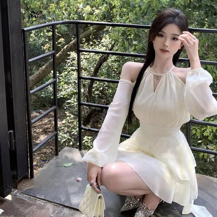 Váy Ngắn, Phong Cách Ngọt Ngào Đơn Giản, Màu Mơ Pháp, Dài Tay, Thích Hợp Cho Kỳ Nghỉ, Mùa Hè, Mỏng Vừa Vặn, Siêu Thanh Lịch, Váy Bánh Xếp Nhún, Phong Cách Hàng Ngày Nữ Women đầm  trắng váy  liền 5