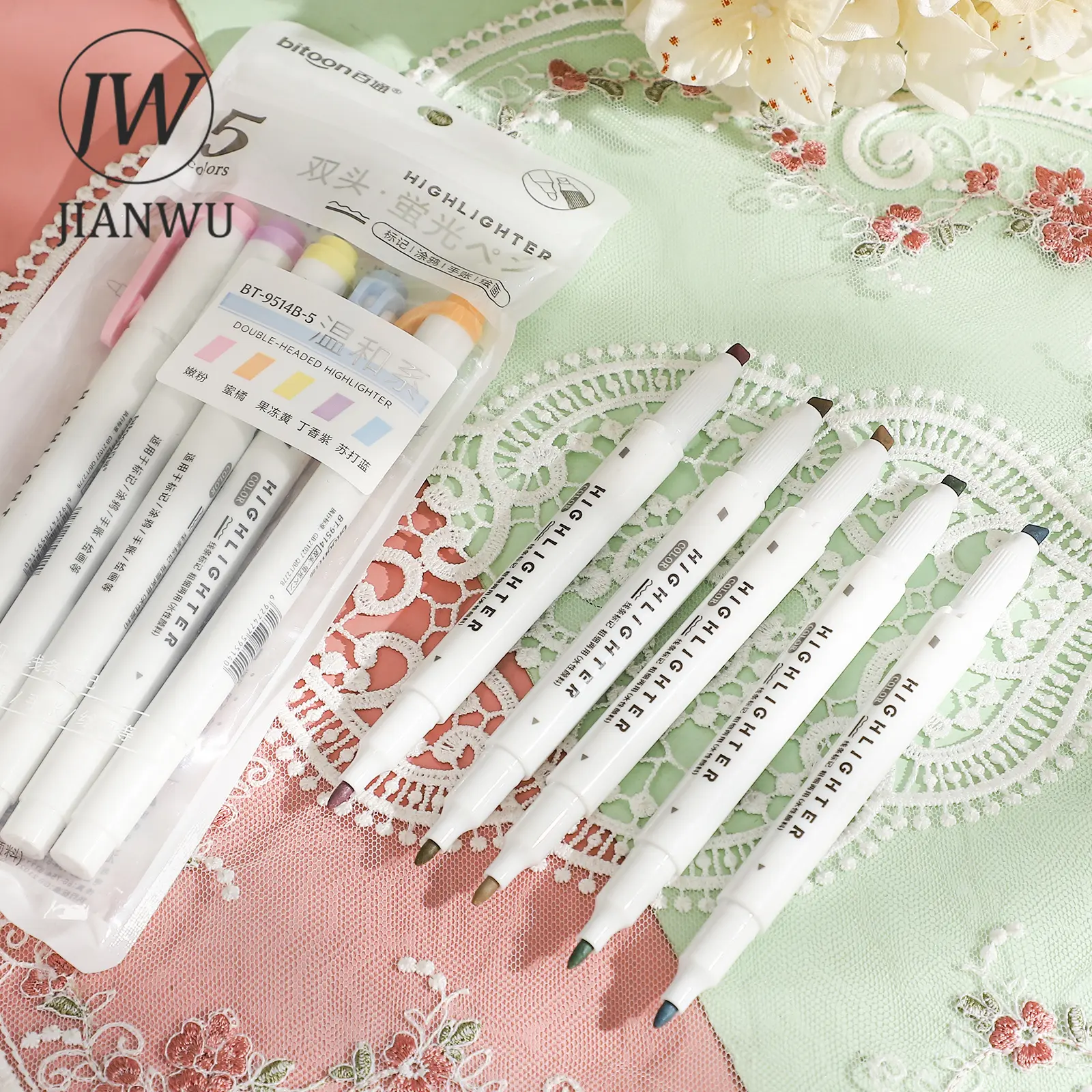 Bộ Bút Đánh Dấu Hai Đầu Màu Morandi Macaroon, JIANWU, Viết Trơn Tru, Thiết Kế Sáng Tạo, Đồ Dùng Học Sinh Tự Làm, Văn Phòng Phẩm, 5 Cái / bộ