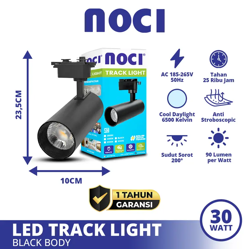 Noci Lampu Sorot Rel LED Track Light 10-30 Watt Cahaya Kuning 3000K/Putih 6500K Warna Bodi Hitam/Putih Super Terang Hemat Daya