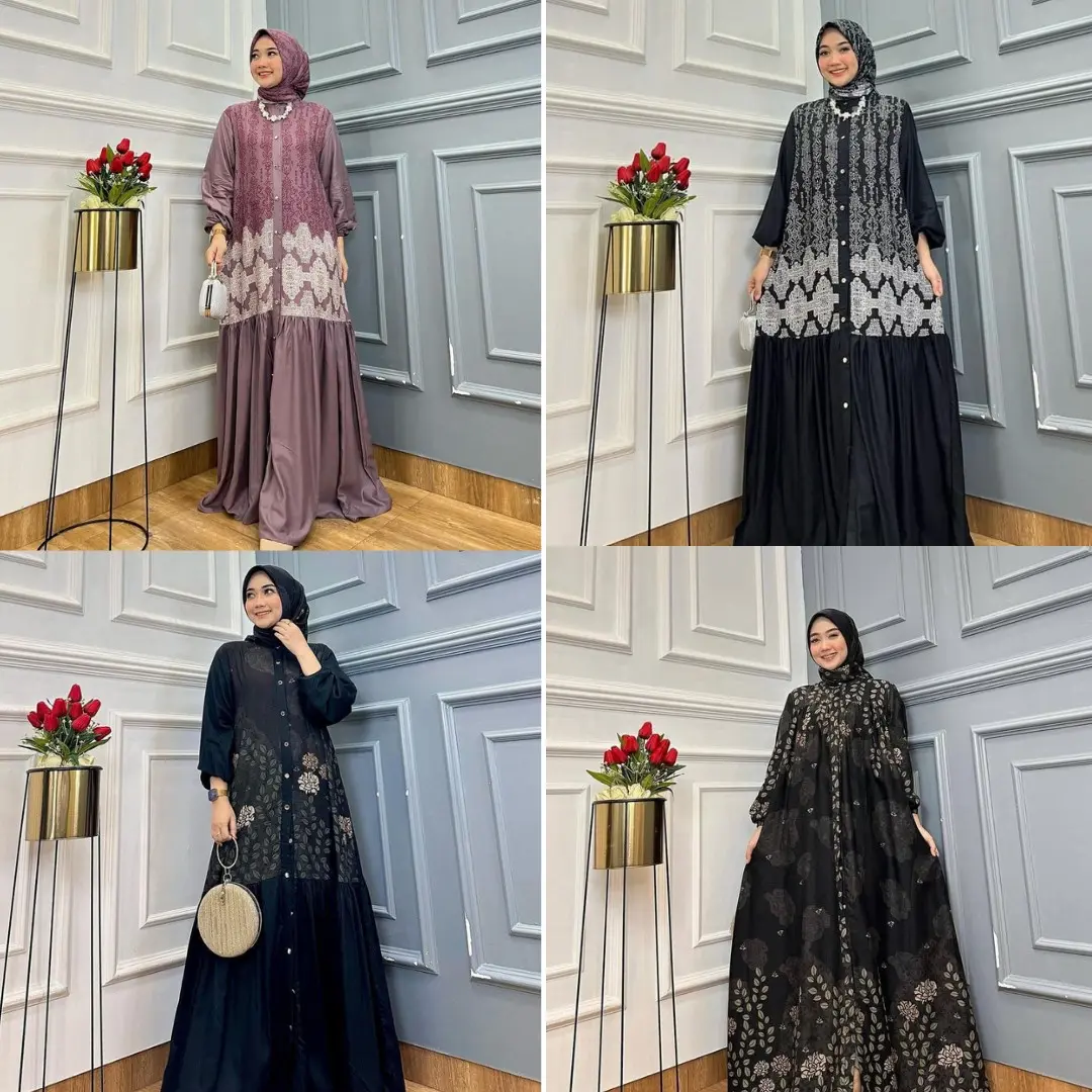 Gamis set hijab motif Zahra Rayon diamond mix Twill original kancing hidup busui friendly lavender hitam Cantik Nyaman Menyusui Standar Muslim