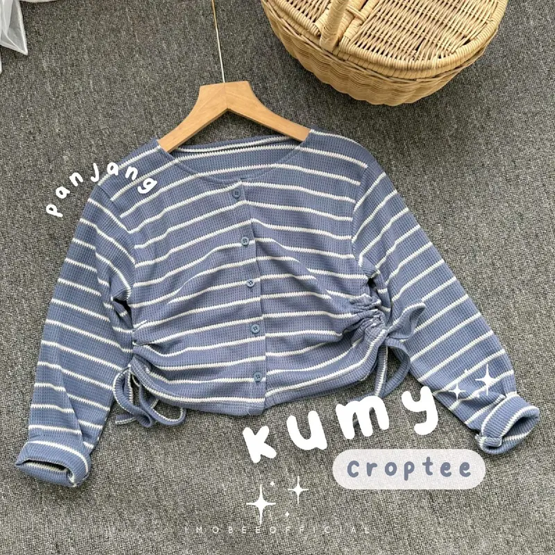 kumy crop stripe lengan panjang / atasan waffle garis crop / blouse serut korea 1