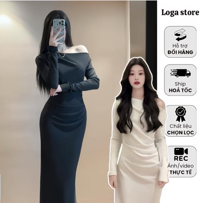  Đầm đi tiệc lệch vai tay dài váy body nhún eo dáng dài Logastore_L197 