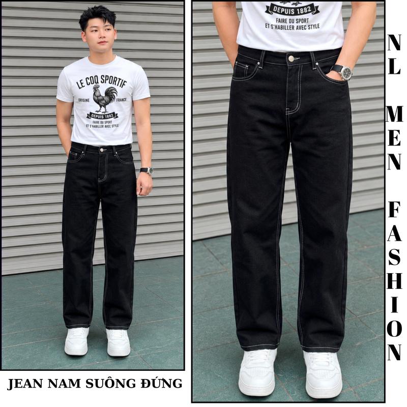 Quần Jean Suông Ống Rộng Màu Đen Phối Chỉ Nổi Chất Liệu Jean Mềm Mại Kiểu Dáng Rộng Rãi Thoải Mái