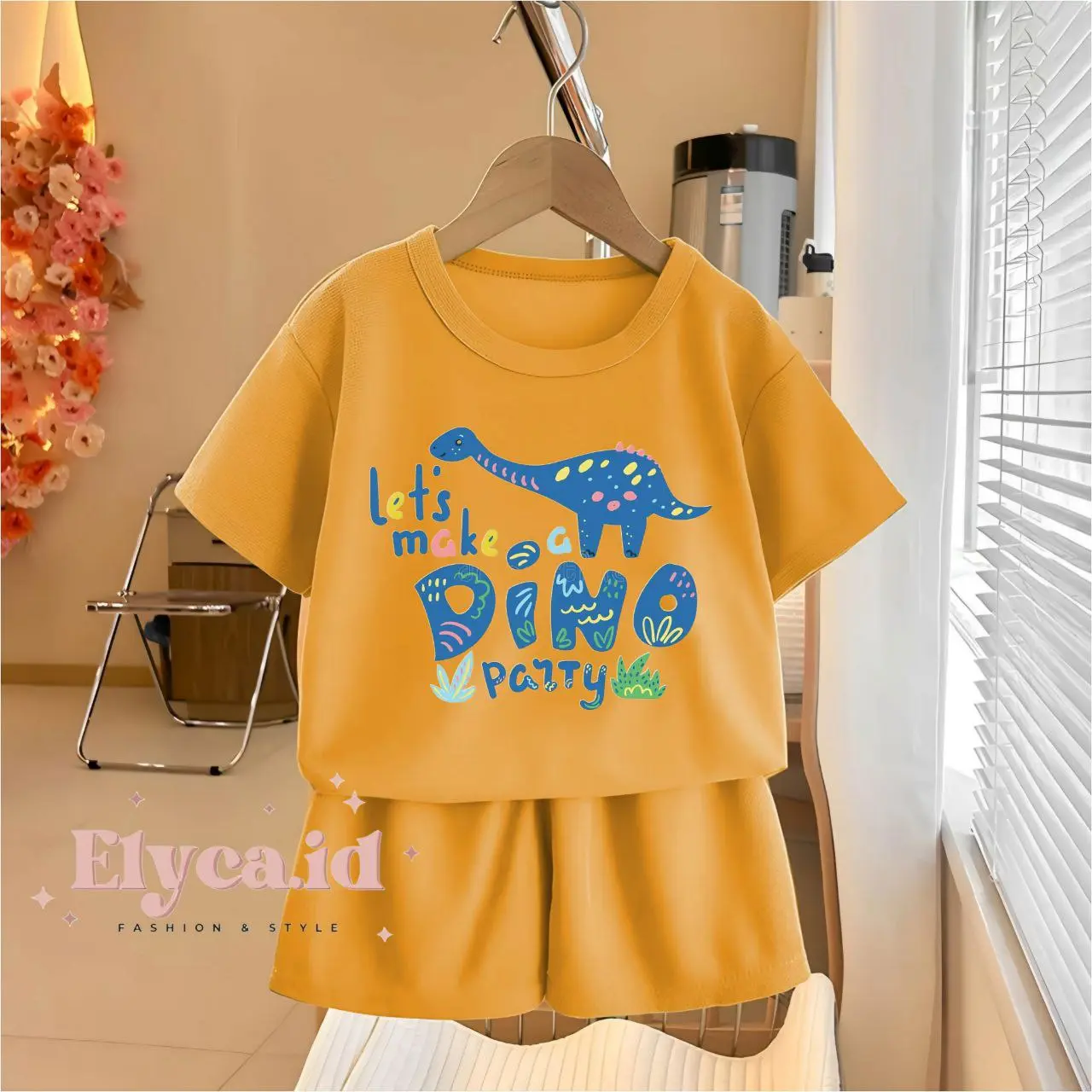 Bestwear.id - Setelan anak laki-laki dan perempuan celana pendek sablon digital DINO PARTY bahan cotton combed / Pakaian anak unisex celana pendek sablon digital 1-10 tahun