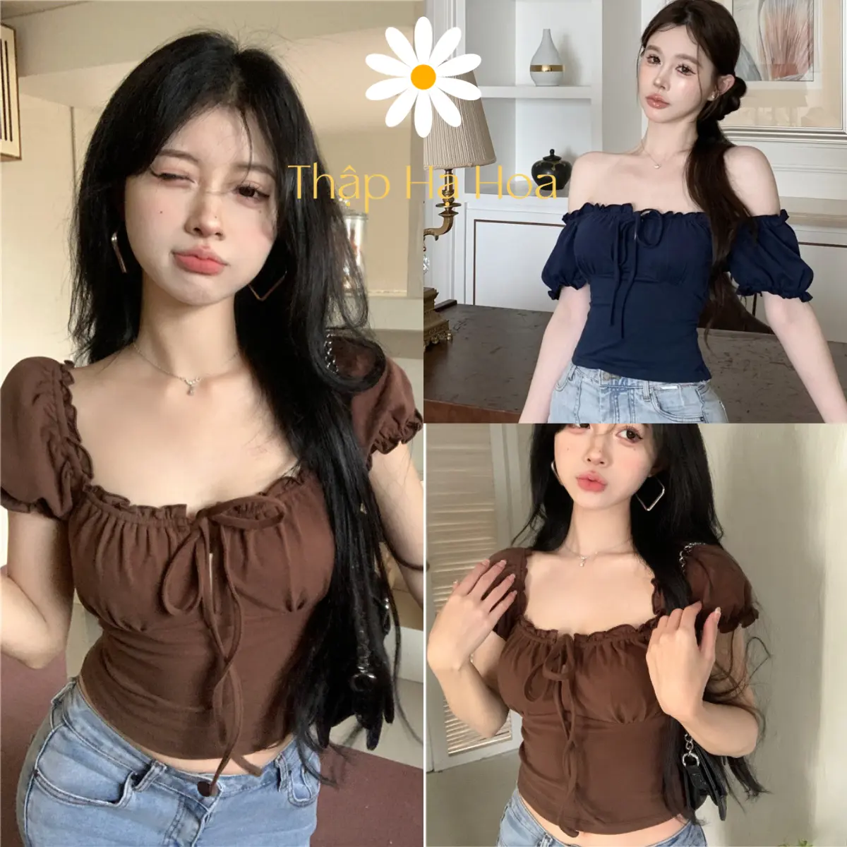 Áo blouse tay phồng cổ vuông, áo croptop cổ vuông tay ngắn trễ vai T560