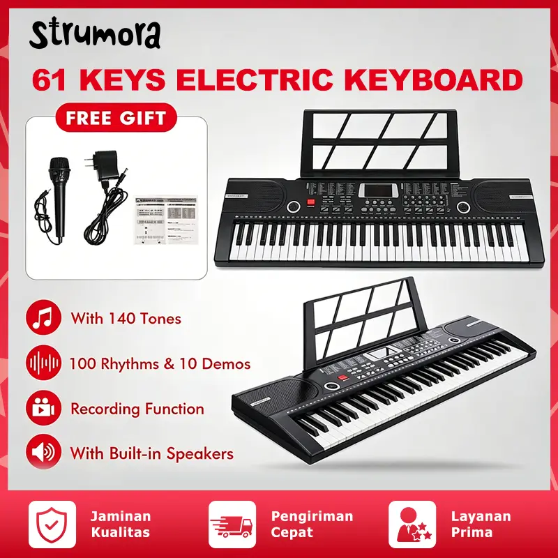Strumora 61 Kunci Digital Listrik Piano Keyboard Portable Elektronik Keyboard Pemula Set