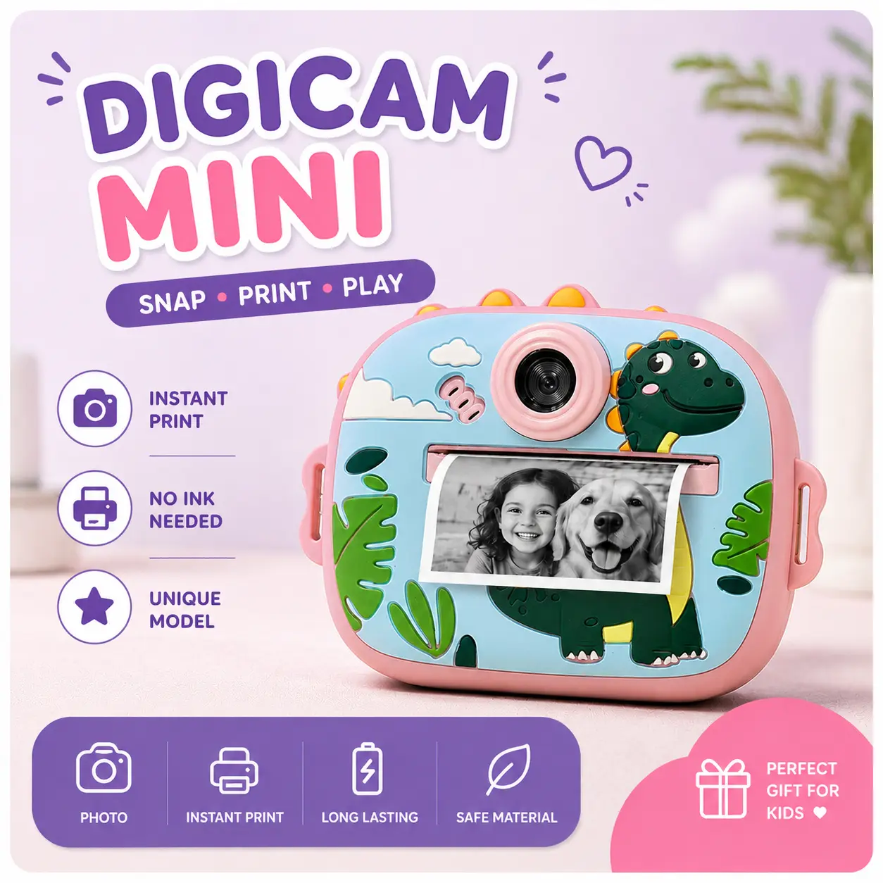 D icam D ital Camera 48mp Lensa Ganda Kamera Anak Mini Langsung Print 2.4 inch Foto Video New Casing - Dino HIjau