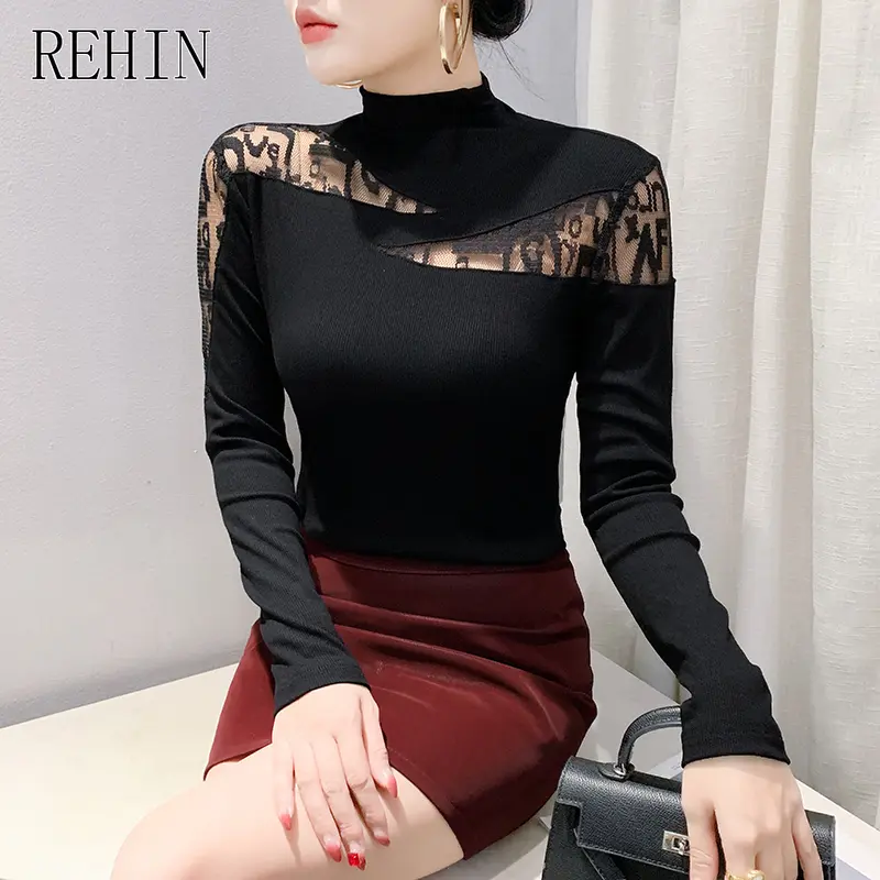 REHIN Áo Thun Cotton Dài Tay Bất Đối Xứng Phong Cách Hàn Quốc Mới Mùa Thu Đông, Dáng Ôm, Áo Nữ Thời Trang Top Women 0