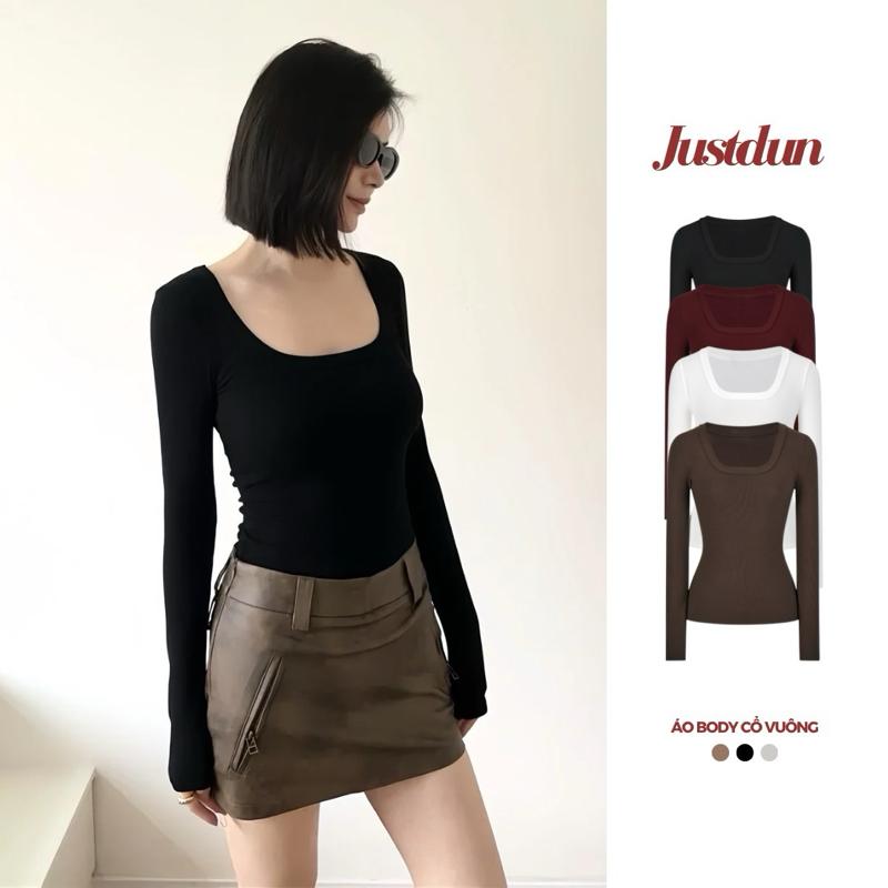Áo Thun Cổ Vuông Dài tay Siêu co giãn mềm mịn chất Cotton Lông Mịn dày dặn Justdun E33