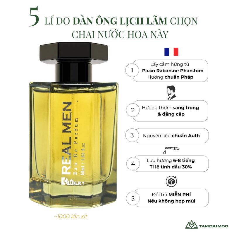 TĐM Nước Hoa Nam TAM ĐẠI MỘC REAL MEN 50ml Hương Tiêu Cay Nồng Ấm Áp Lịch Lãm Lưu Hương Lâu | TAM ĐẠI MỘC