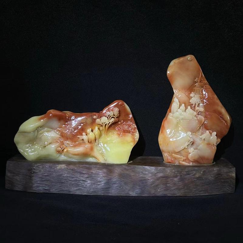 Product Introduction of A pair of hibiscus stone landscape ornaments Shoushan stone landscape ornaments white red Chinese traditional culture Shoushan landscape ornaments collection 1