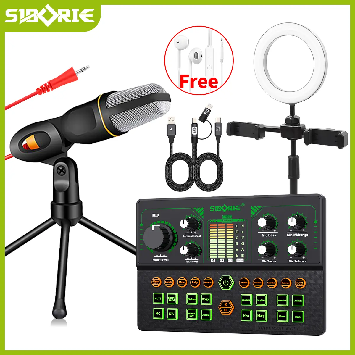 Siborie【Free Headset+OTG】F996 Soundcard+SF666 Mic+E10 Headset+OTG-2IN1+Ring Light Paket Komplit Full Set Paket Recording Lengkap Streaming Langsung