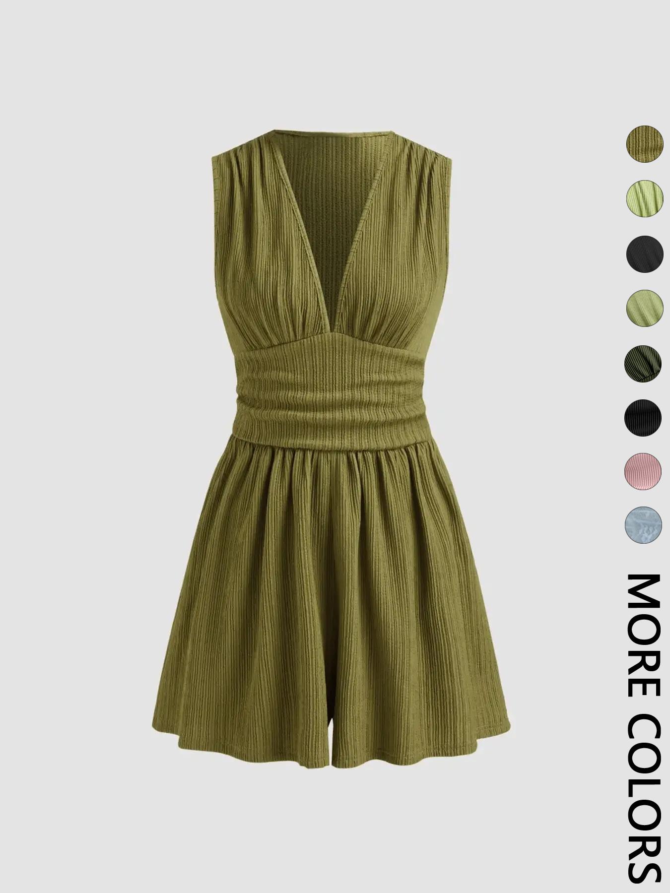 Women's Plain Ruched Deep V Neck Tank Romper, Elegant Sleeveless Romper For Summer, Fashion Casual Ladies Clothes For Daily Wear