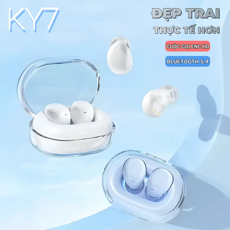 Tai nghe KY7 mới nhất [2 Quà tặng miễn phí] 1 Nhãn dán hoạt hình+1 Bao tay chơi game,5 Màu,Cấp độ HiFi, Chống nước iPX5, Giảm tiếng ồn ENC, Mict tích hợp,Thiết kế vòng bơi, Ánh sáng xung quanh,Thân máy hoàn toàn trong suốt 2