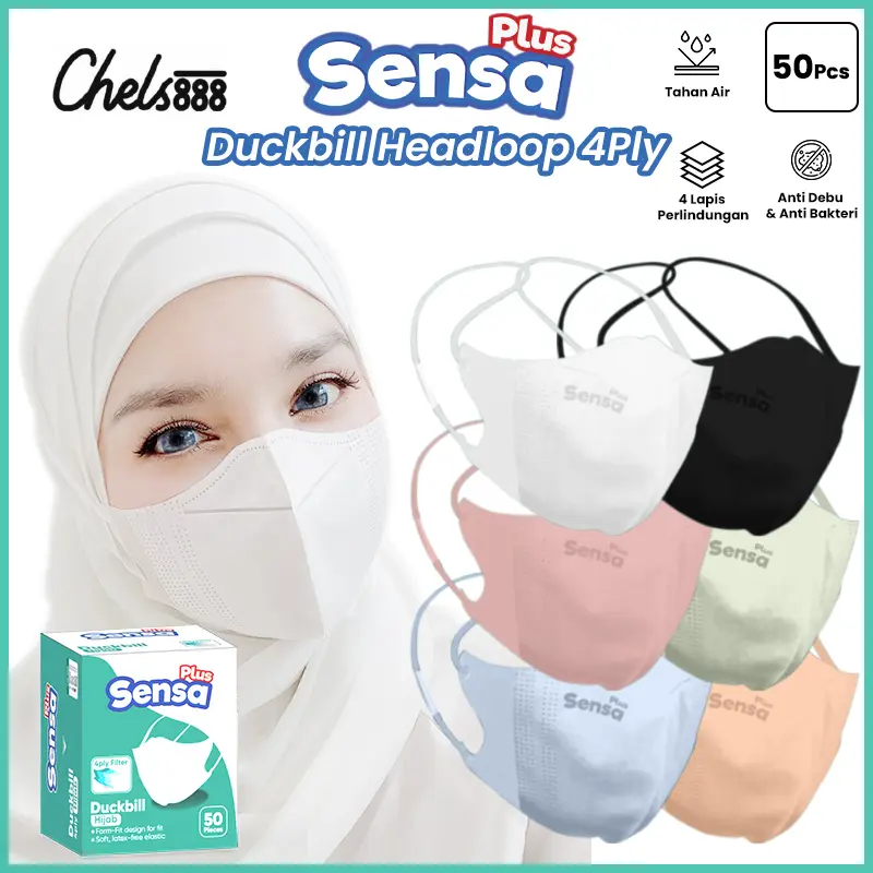 Masker Duckbill 4ply Hijab Headloop Sensa Plus isi 50pcs