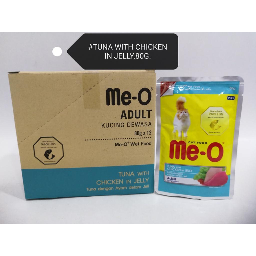 (12xPacks) Me-O Pouch Adult Wet Cat Food Feed 80gram Tuna with Chicken in Jelly Makanan Kucing