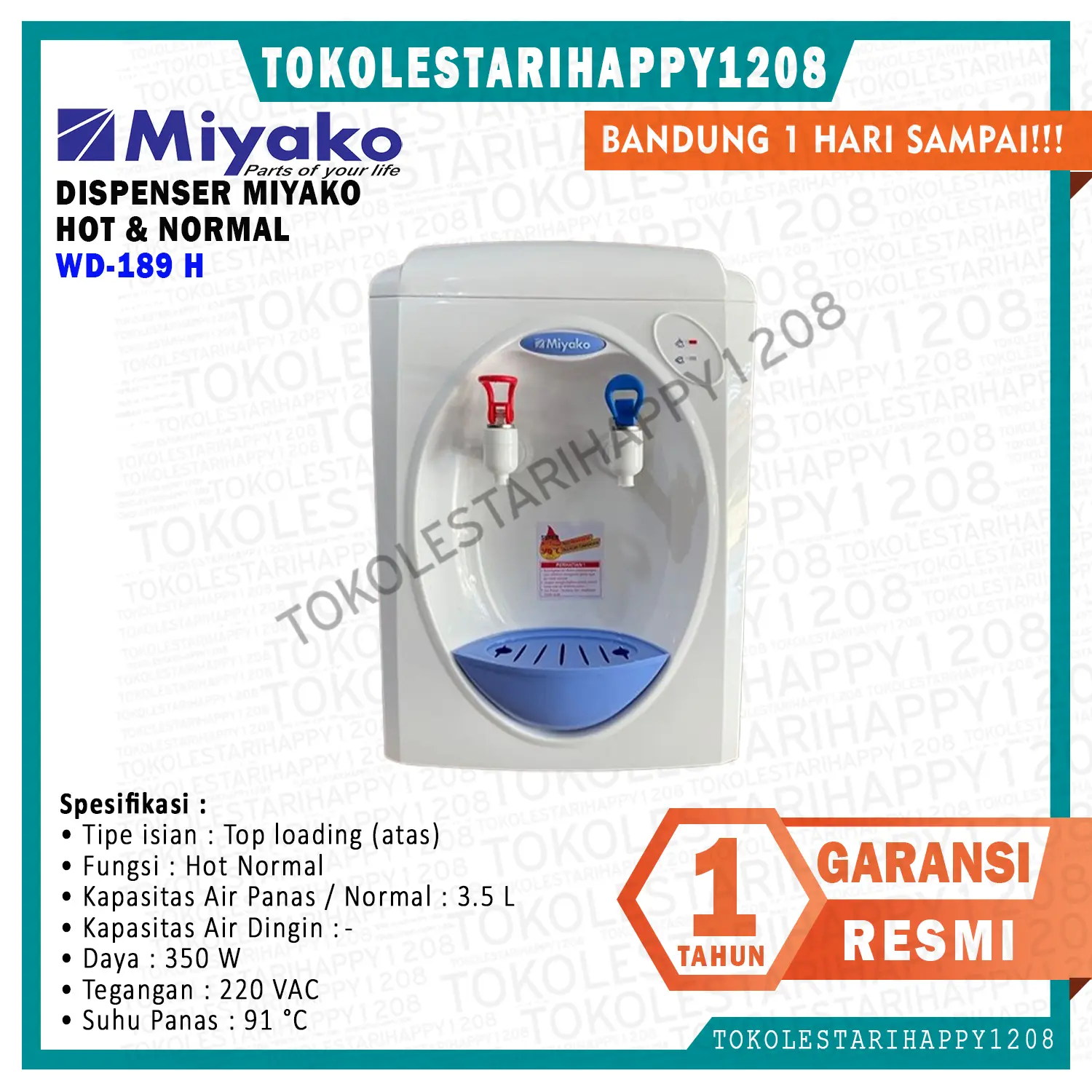 Dispenser Miyako 2 Keran Hot Normal WD 189 H Garansi Resmi