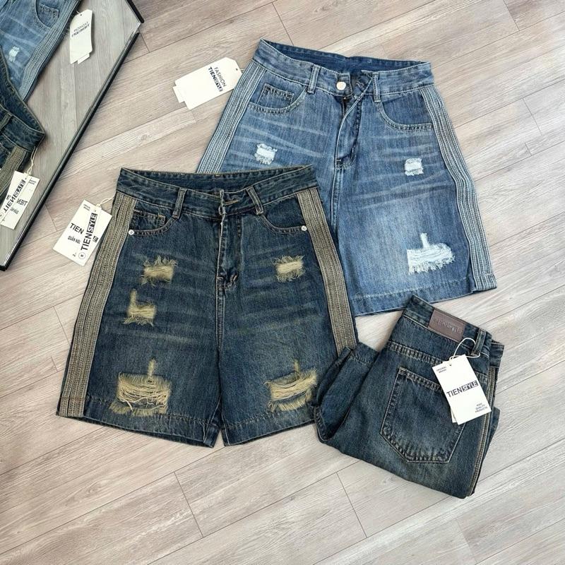  Quần Ngố Jean Rách Chạy Viền Sọc Cotton Pants màu Đậm-Nhạt-Bụi - TIENSTYLE - Nữ 