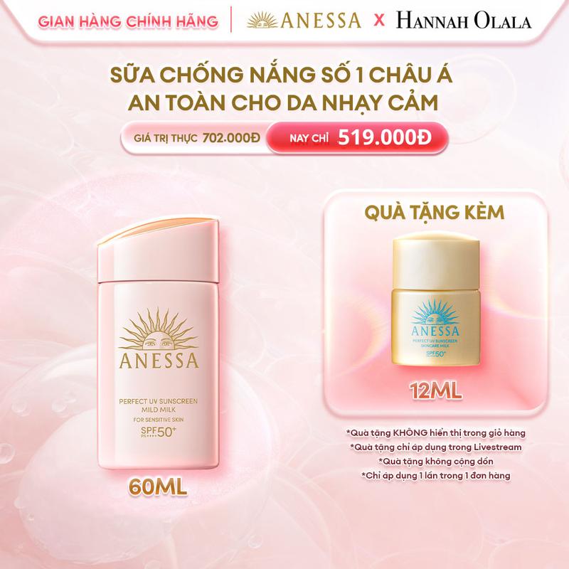 Anessa x Hannah - Sữa chống nắng dưỡng da dịu nhẹ an toàn cho da nhạy cảm và trẻ em Anessa Mild Milk SPF50+ PA++++ 60ml