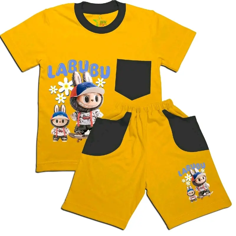 Stelan kaos anak karakter lucu Labubu skateboard berbahan lembut usia 2-8th Fashion Celana Set 3