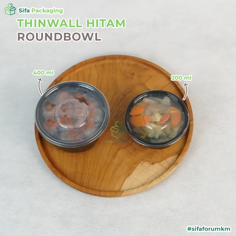 [25 PCS] Thinwall Mangkok Bulat + Tutup 200ml 400ml   Round Bowl Hitam Wadah Plastik Tempat Kue Snack Food Container Mangkuk Bubur Baso 2