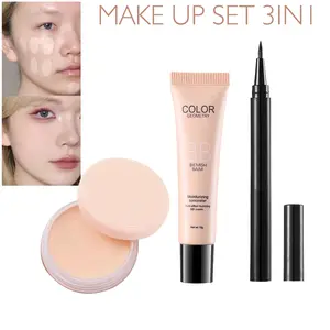Paket Makeup Set 3IN1 Bedak Padat BB Foundation dan Eyeliner Hitam Kosmetik Wajah Eyeshadow