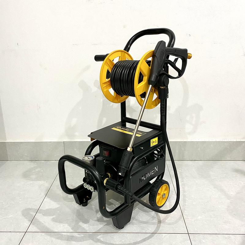 Máy Rửa Xe Gia Đình Momen 2155RUL Đầy Đủ Phụ Kiện - Dây Dài 15m + Lọ Dung Dịch 330ml Có Rulo Cuốn Dây Và Khung 2 Bánh Xe