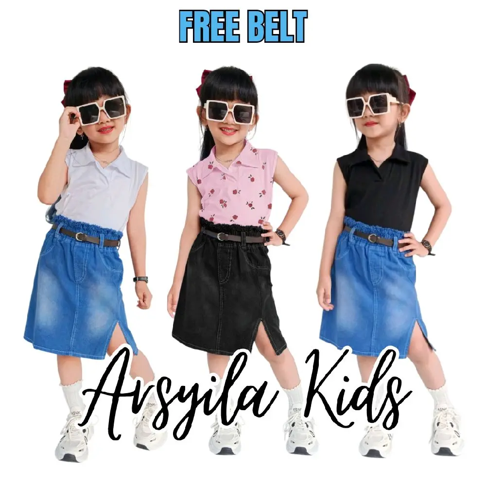 Arsyila kids-Setelan Rok Jeans Kaos Kerah Free Belt 1 th-8tahun