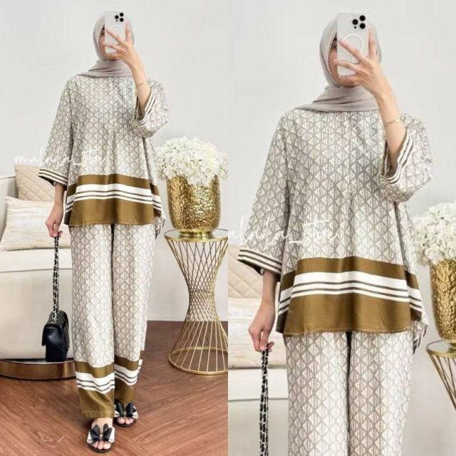 Setelan Wanita Oneset Wanita Setelan Rayon Celana Kulot Atasan Rempel Bahan Rayon Motif Adem Dan Nyaman  Baju Dewasa Remaja Panjang Santai Muslim Bawahan Lembut hitam Busui Rayon Premium Exclusive Kekinian Lebaran Atasan Wanita Celana Kulot