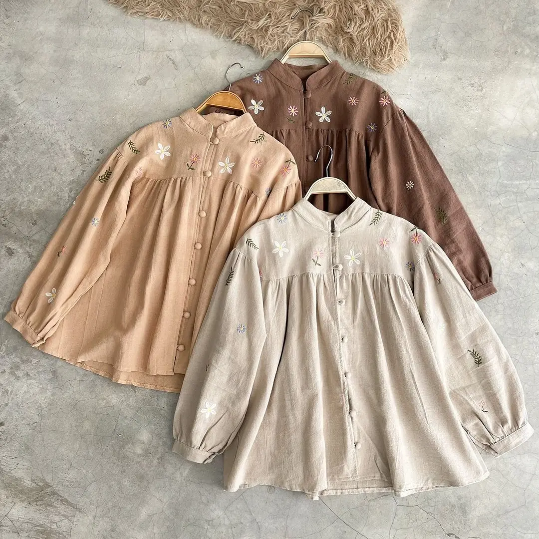 Sakura Blouse by Zeaarabic | Atasan Wanita | Blouse Wanita Bordir Linen Premium | Korean Blouse | Blus Motif Bunga Baju Lily