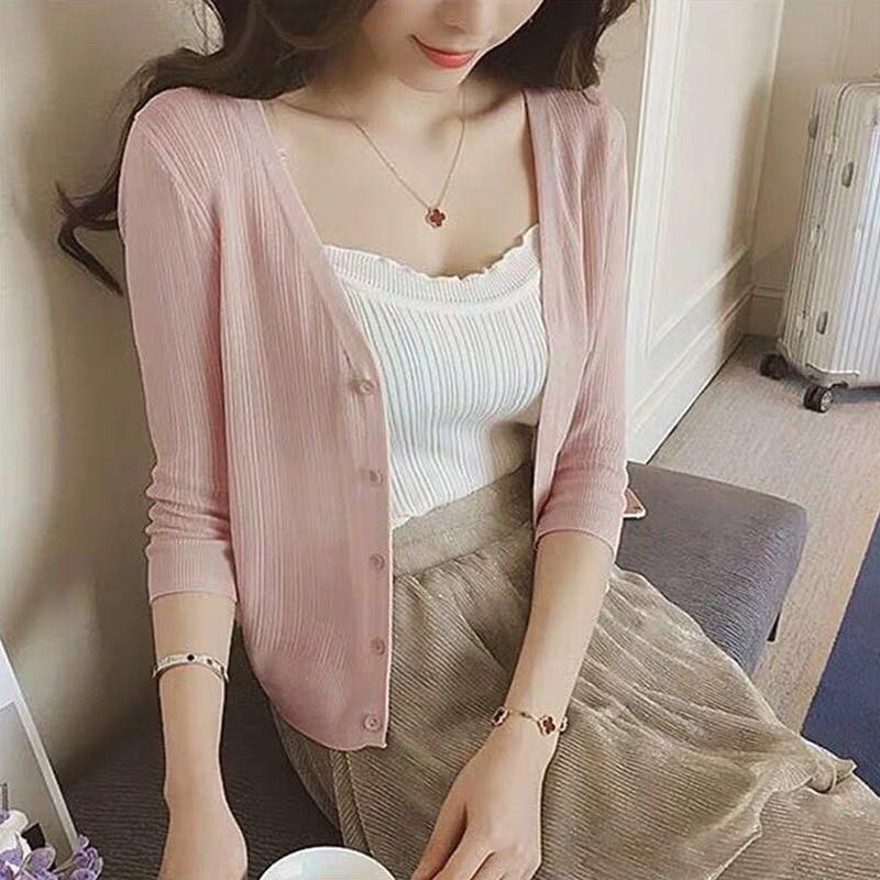Product Introduction of Ice silk knitted cardigan short jacket for women in spring, autumn, and summer, thin outer layer, shawl with suspender skirt, sun protection top Knitwear Womenswear Lingerie Comfort 3