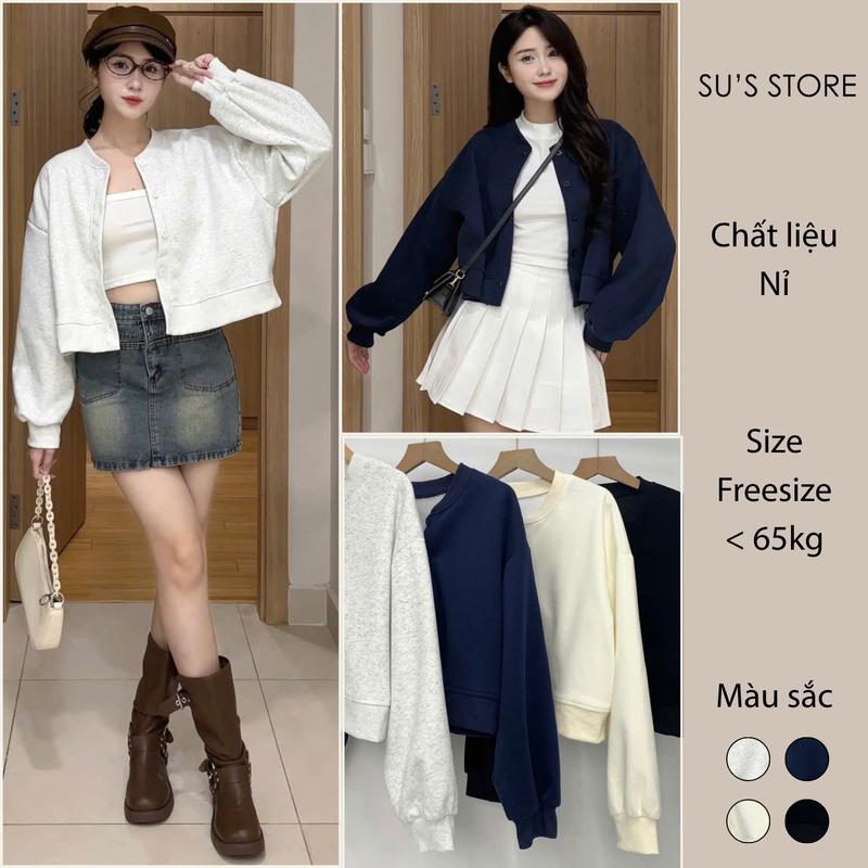  Áo Khoác Nỉ Croptop Cúc Cài Bo Viền Dáng Ngắn Susstore A2952 Thời Trang Nữ 
