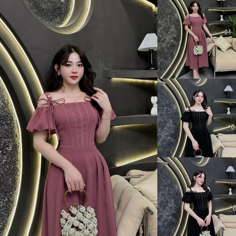  D89 - Váy Thiết Kế Evii dành cho nữ Đầm thiết kế trễ vai tay bồng dây nơ liền phối viền chỉ trước ngực dáng A xòe dài phù hợp đi làm đi chơi và đi dự tiệc. Có Bigsize Women Dress 