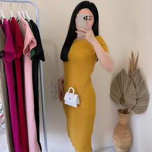 Dress Slim Bodycon Wanita Spandex Melar Belah Samping Casual Mini Panjang