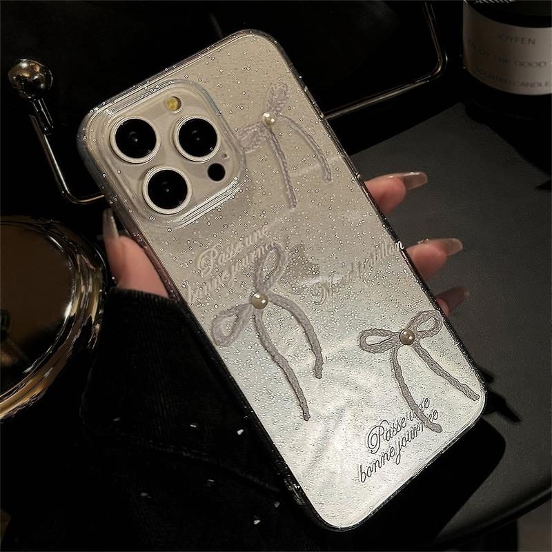Product Introduction of Sparkly Pearl Bow Glitter Clear Full-Edge Protective Anti-Scratch Phone Case for iPhone 11/12/13/14/15/16 Pro/15 Pro Max Shockproof Anti-Drop Smartphone Case for Women 18