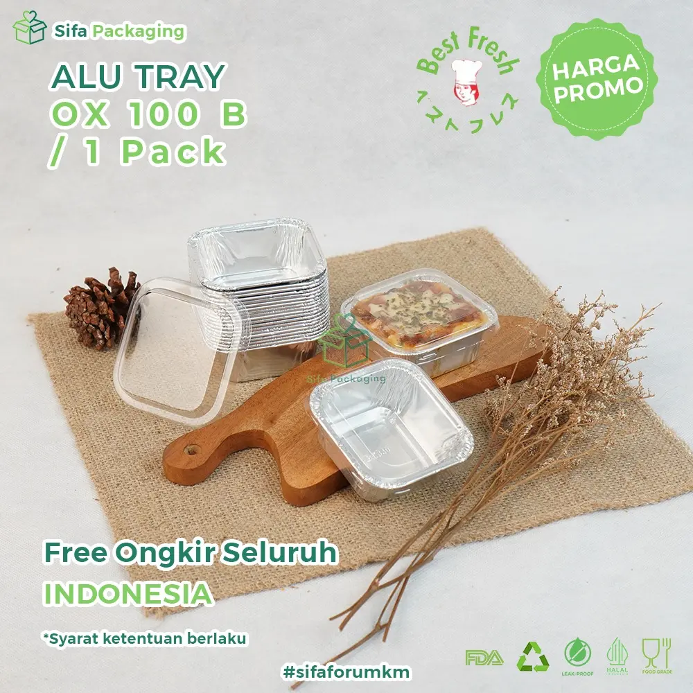 Alumunium Foil Tray OX 100 B + Tutup Makaroni Schotel Klapertart Brownies Bolu Roti Spaghetti Brulee isi 100 pcs