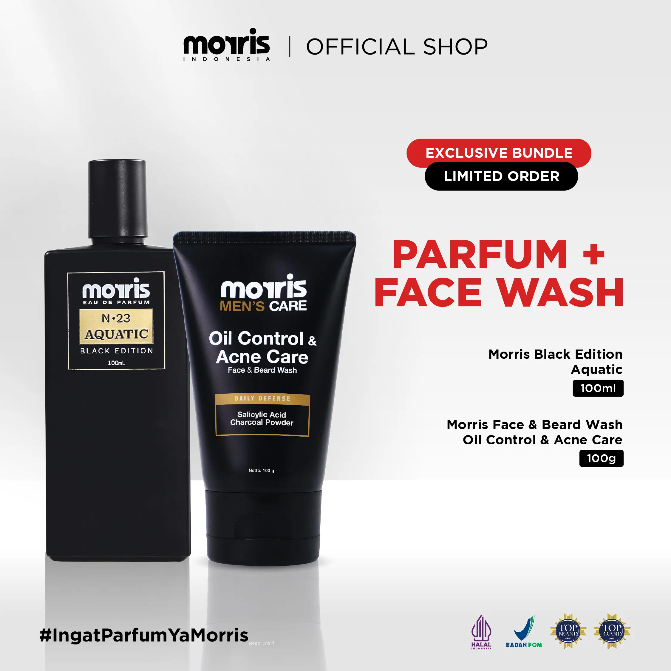 Morris Twin Pack Eksklusif | Parfum + Face Wash Pria (Black/White/Grey) | Parfum Cowok Tahan Lama Dan Facewash Mencerahkan