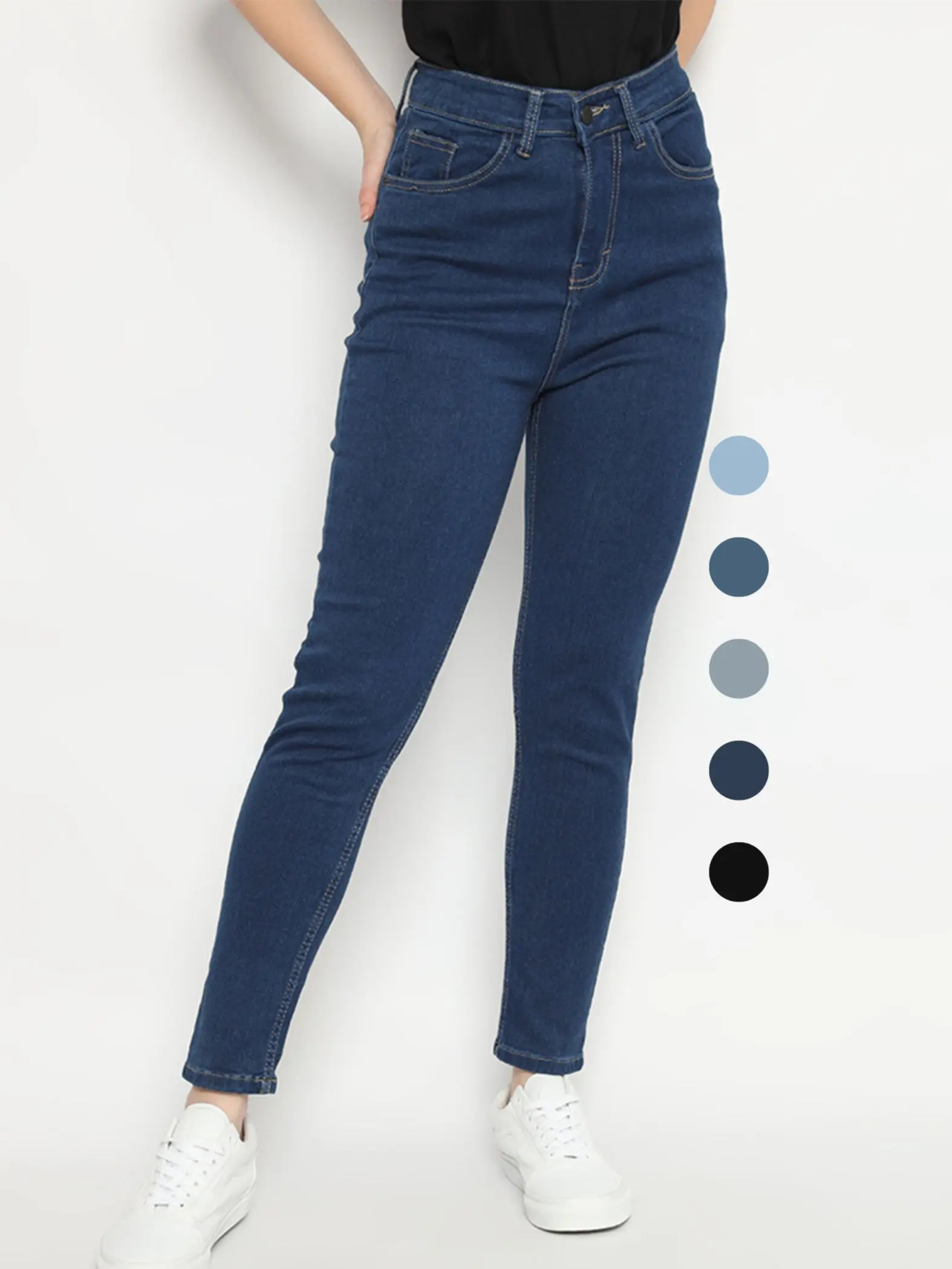 NUBER Highwaist Celana Pocket Jeans Skinny TULIP Navy Cream stretch panjang Hitam Soft Wanita
