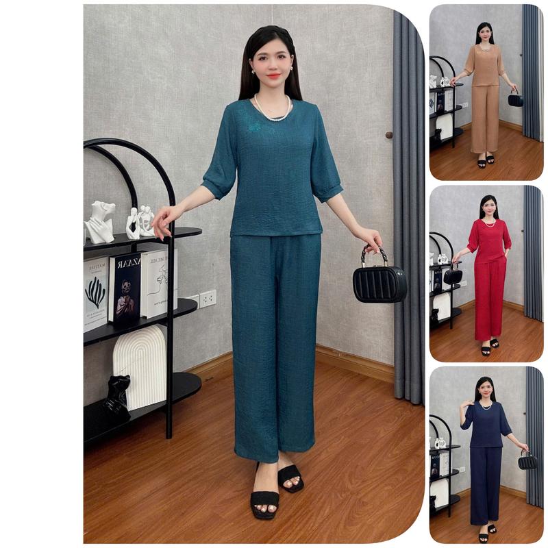 Đồ bộ trung niên Đồ bộ mặc nhà B50 Loudra shop Đồ bộ cho mẹ bà quần dài áo cộc chất đũi vân mây mềm mịn thoáng mát thấm hút mồ hôi