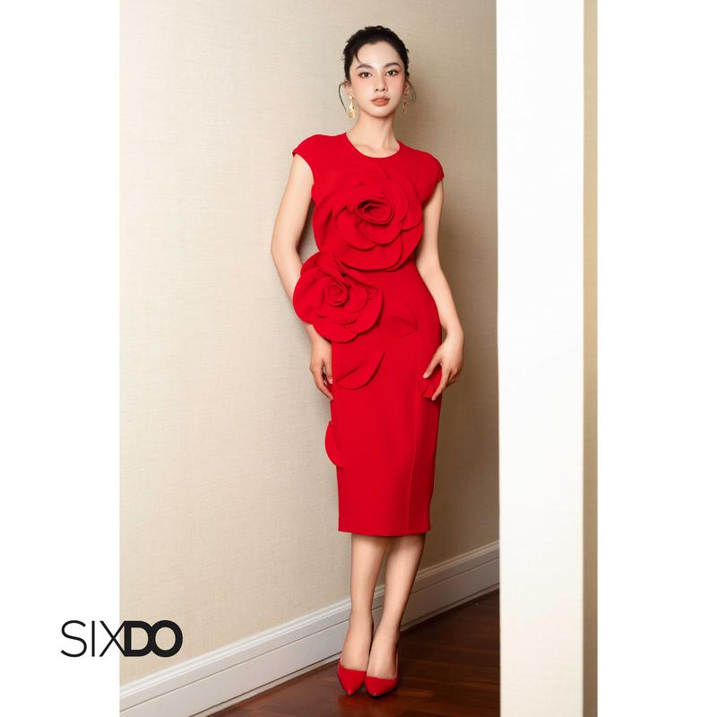 Đầm ôm bút chì hoa 3D SIXDO Red 3D Flower Woven Pencil Dress