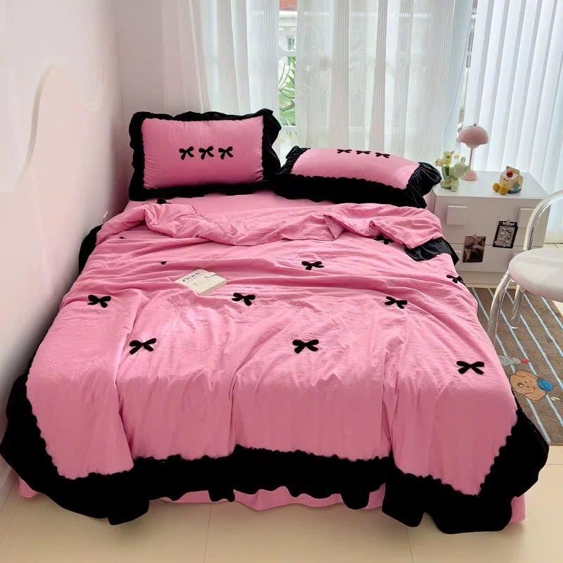  Bộ chăn ga gối hoa hồng đũi viền bèo Suhali set chăn hè chần bông ga giường và 2 vỏ gối nằm 