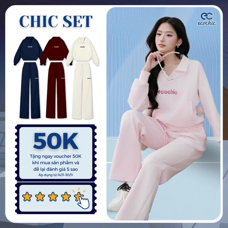 Set Bộ ECOCHIC POLO SPORTY Áo Polo Cổ Bẻ Tay Dài Phối Quần Suông Ống Rộng Chất Liệu Cao Cấp Chính Hãng B207