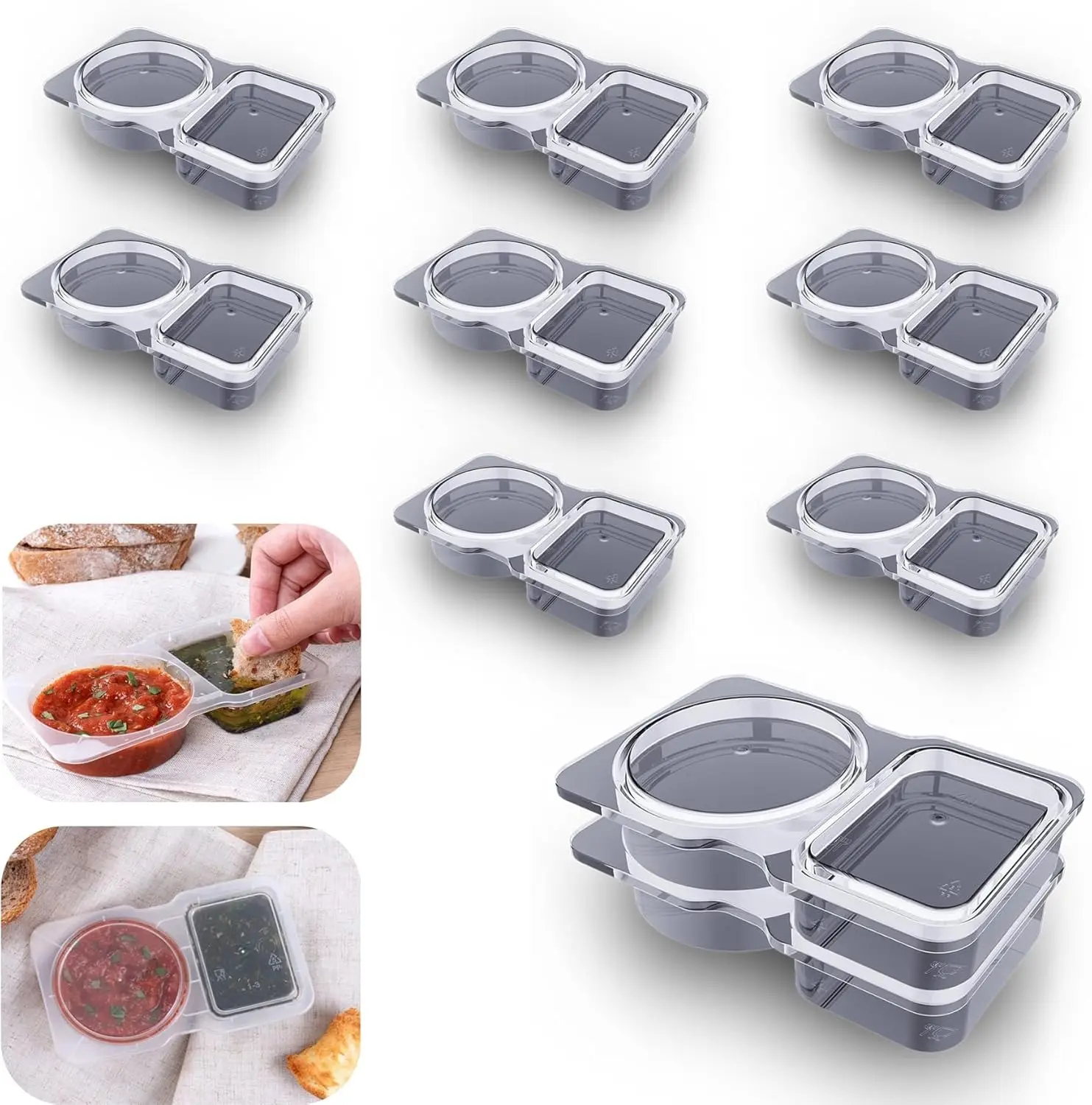 10Pcs Double Compartment Condiment Container with Lid Snack Containers for to-go Sauce, Sampling, Travel Snack