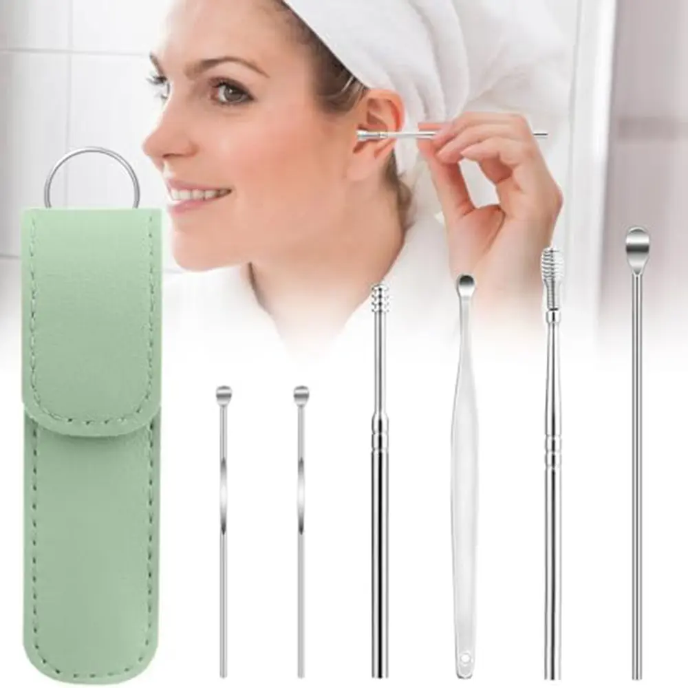 6PCS Ear Cleaner Tool Earpick Sticks Set Earwax Remover Ear Pick Cleaning Black Ear Cleanser Stainless Steel Earpick Case
