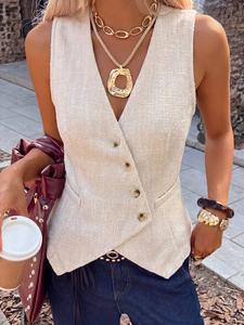 Chaleco tartán elegante para mujer sin mangas con cuello en V, chaleco ajustado de color sólido con botones delanteros, prenda exterior casual y profesional para primavera y otoño