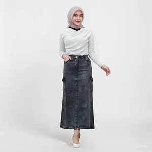 Rok Cargo Jeans Wanita Rizqina Kekinian Model Korea Panjang Span Skirt - Karet, Kancing Samping Stretch unfinished xl Pendek Hitam