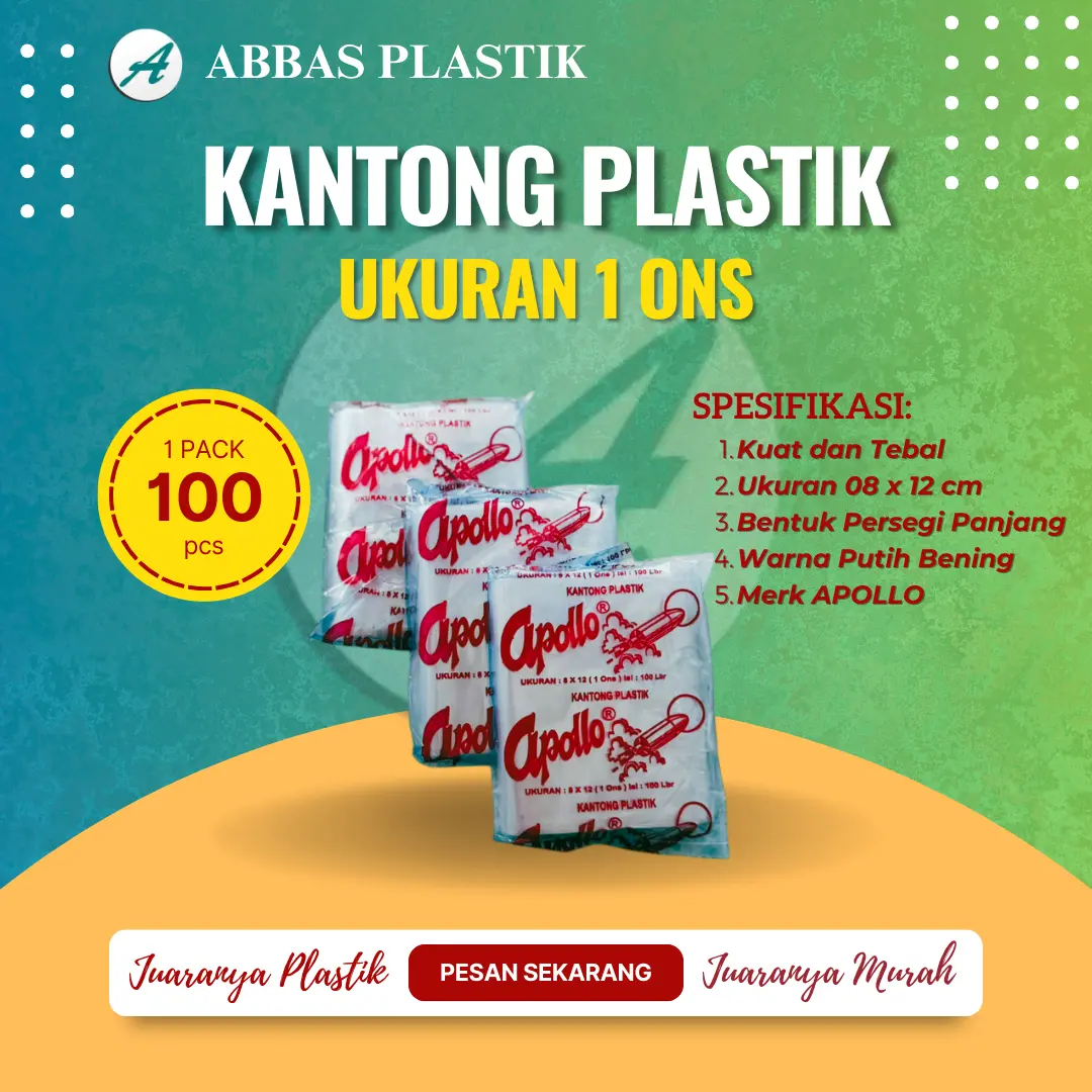 Plastik Bening Merk Apollo / Ukuran 1 ons/ Dimensi 8 x 12/ 1 pak isi 100 pcs/ 1 ikat 5 pcs/ Penyimpanan makanan, jajan, snack dan barang